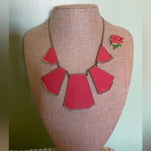 2 Piece Geometric mark. Red Statement Necklace and matching rose brooch